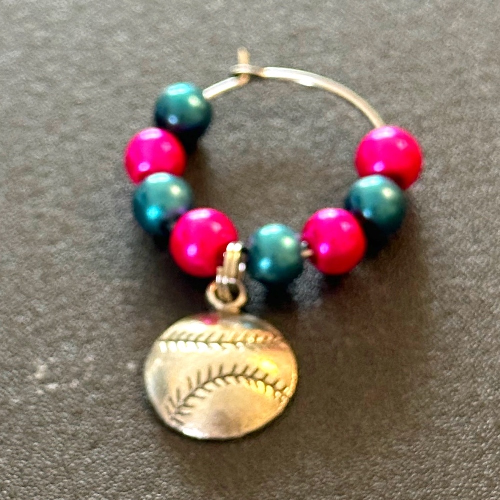 Wine glass tag, stainless steel hoop, teal/fuchsia beads, baseball charm